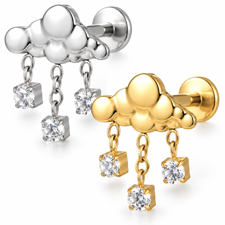 Piercing de Orelha - Labret Nuvem Pingente com Zircônias - Titânio PVD Gold - 7TRG230