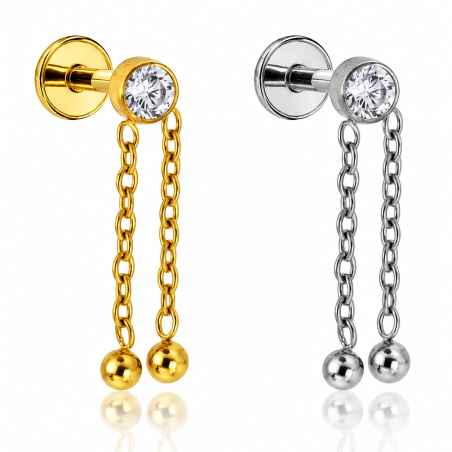 Piercing de Orelha - Labret Zircônias com Correntes - Titânio PVD Gold - 7TRG242