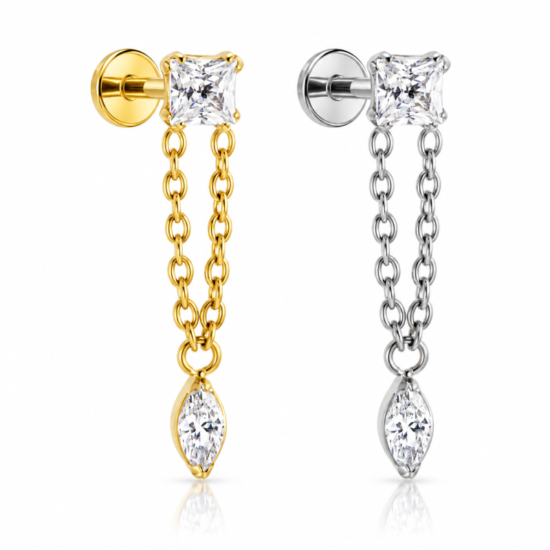Piercing de Orelha - Labret Zircônia Quadrada com Pingente - Titânio PVD Gold - 7TRG244