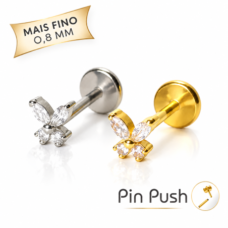 Piercing Labret Mini Borboleta em Titânio - Pin Push  Haste Mais Fina - 7TRG265