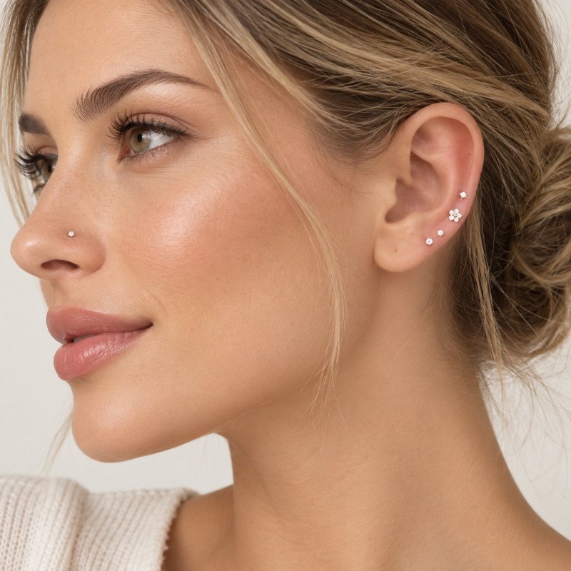 Piercing Labret Mini Florzinha em Titânio - Pin Push  Haste Mais Fina - 7TRG266