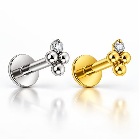 Piercing de Orelha em Titânio - Beaded Triplo com uma Zircônia - Pin Push - 7TRG272