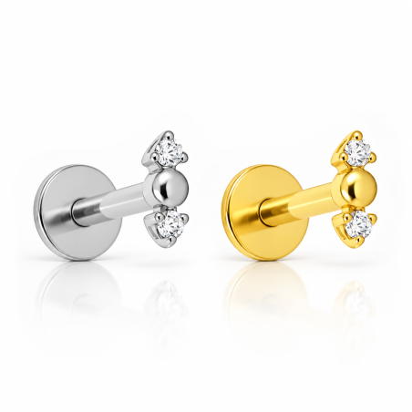 Piercing de Orelha em Titânio - Barra com duas Zircônias e uma Bolinha - Pin Push - 7TRG273