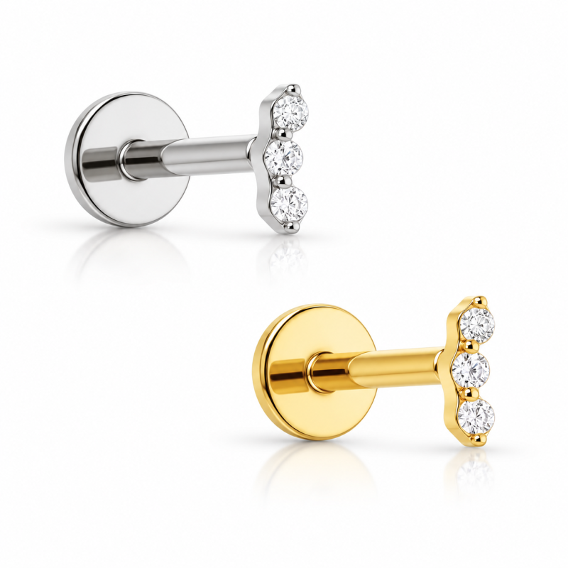 Piercing de Orelha - Labret Mini Classic 3 Zircônias - Titânio - 7TRG280