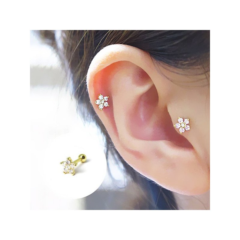 Piercing de Orelha Dourado - Florzinha com Cristais - 6ORE481