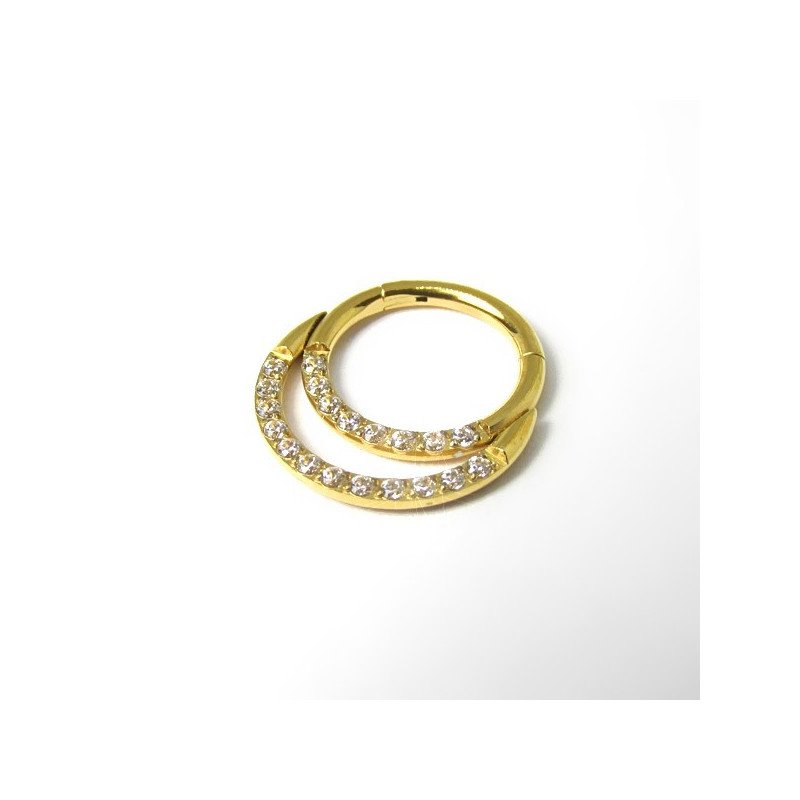 Piercing  Daith ou Septo Argolinha Clicker Meia Lua Dourada Toda Cravejada - PVD Gold 100% em Titânio - 6ORE614