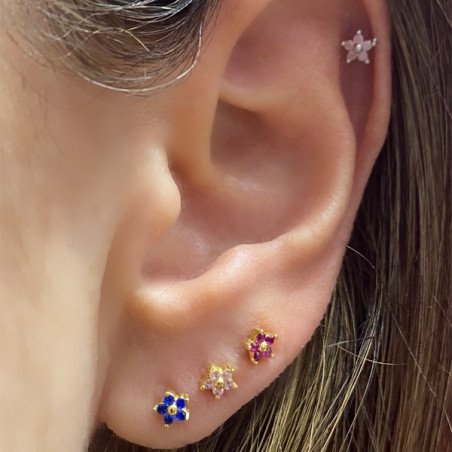 Piercing de Orelha em Aço Cirúrgico - Dourado - Mini Florzinha Azul - 6ORE676