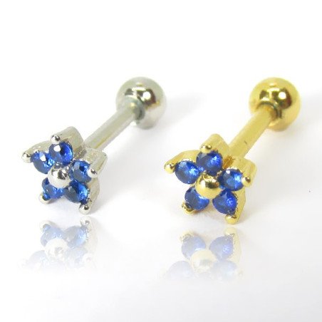 Piercing de Orelha em Aço Cirúrgico - Dourado - Mini Florzinha Azul - 6ORE676