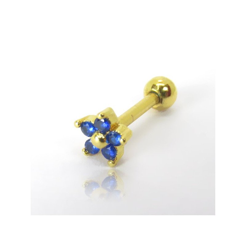 Piercing de Orelha em Aço Cirúrgico - Dourado - Mini Florzinha Azul - 6ORE676