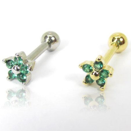 Piercing de Orelha em Aço Cirúrgico - Dourado - Mini Florzinha Verde - 6ORE687