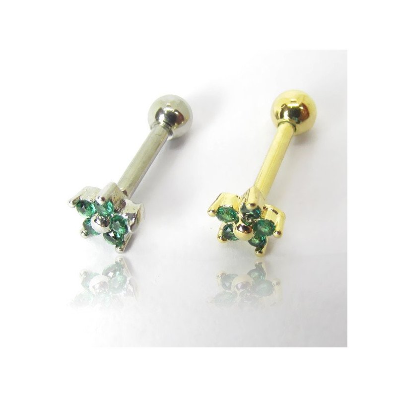 Piercing de Orelha em Aço Cirúrgico - Dourado - Mini Florzinha Verde - 6ORE687