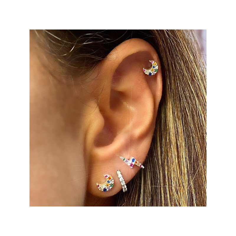 Piercing de Orelha - Lua em Prata 925 com Zircônias Coloridas - 6ORE703