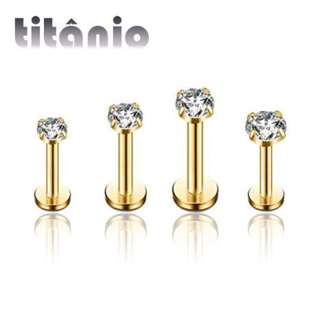 Piercing de Tragus em Titânio - Ponto de Luz Zircônia - Rosca Interna - PVD Gold - 7TRG122