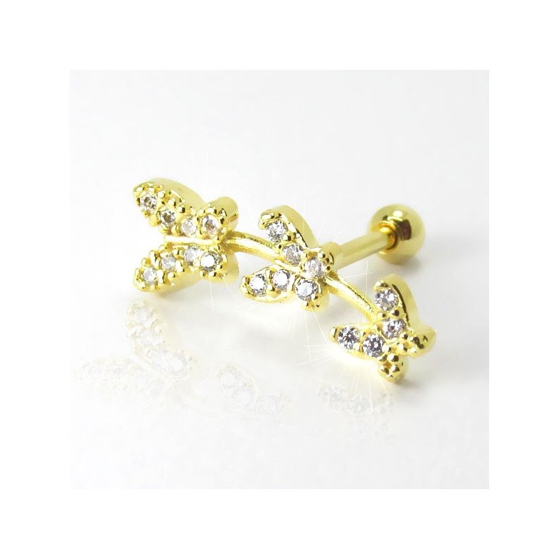 Piercing de Orelha Dourado - Cluster 3 Borboletas com Cristais - 6ORE745
