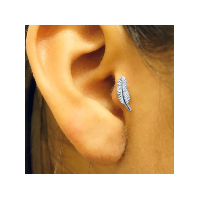 Piercing de Orelha em Aço Cirúrgico - Pena -  Prateado ou Banhado a Ouro - 6ORE784