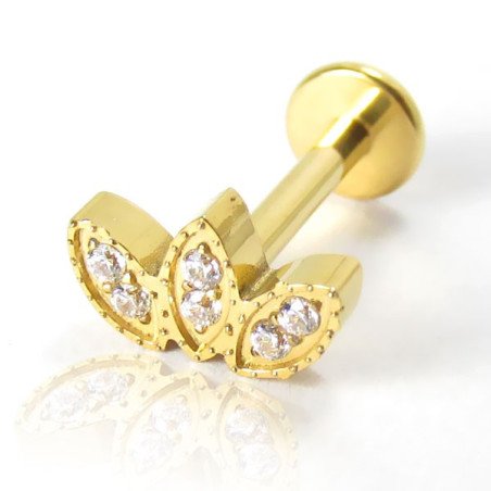 Piercing de Tragus em Titânio - Flor de Lótus Com Zircônias - Rosca Interna - PVD Gold - 7TRG152