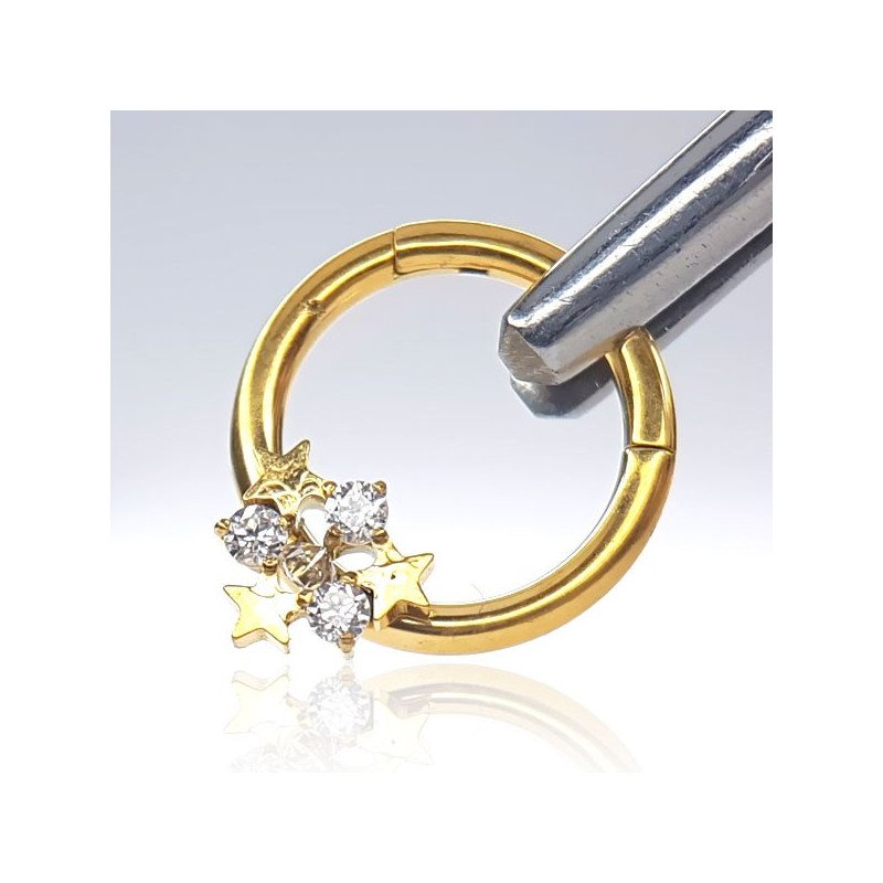 Piercing Luxo Daith - Argolinha Clicker em Titânio - PVD Gold com Estrelas e Zircônias - 6ORE812