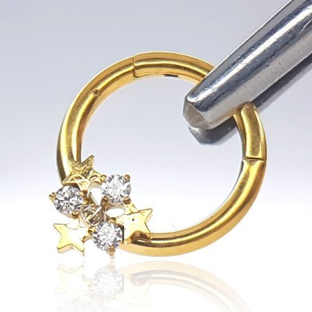 Piercing Luxo Daith - Argolinha Clicker em Titânio - PVD Gold com Estrelas e Zircônias - 6ORE812