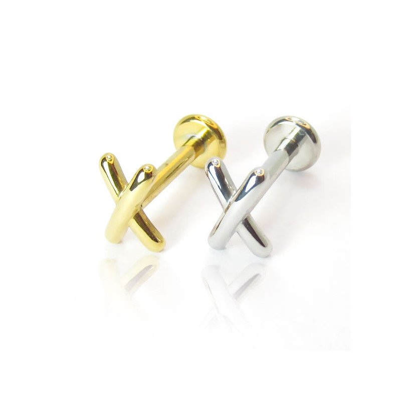 Piercing de Tragus em Aço Cirúrgico - Labret X - PVD Gold - Rosca Interna - 7TRG190