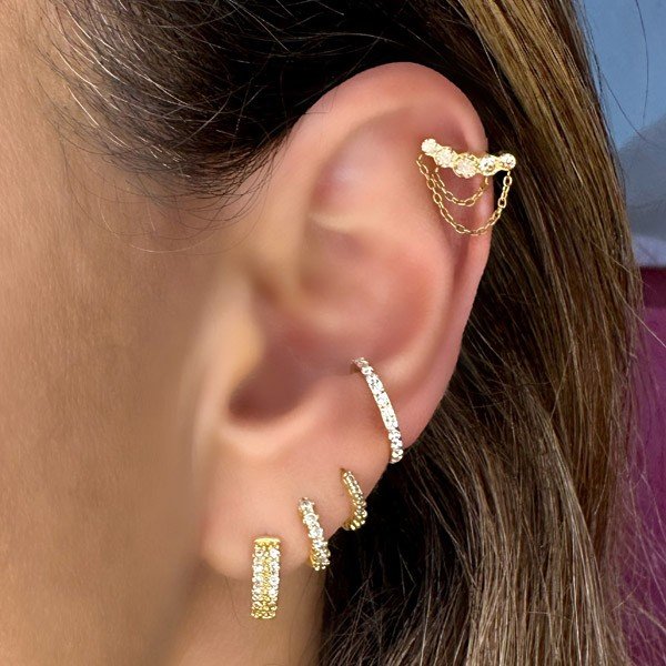 Piercing de Orelha - Divino Cluster Delicado Dourado em Prata com Zircônias  - 6ORE715 - Piercing Mania