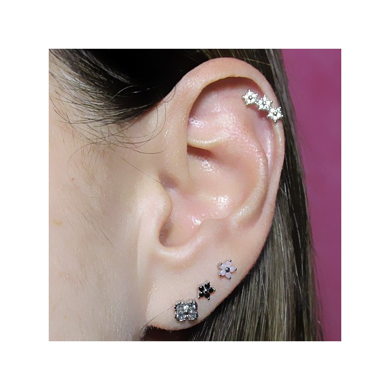 Piercing de Orelha - Cluster Arco Trio de Mini Flores em Prata 925 com Zircônias - 6ORE880