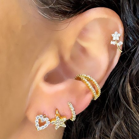 Piercing de Orelha - Flor com Caule com Zircônias - Dourado - 6ORE944