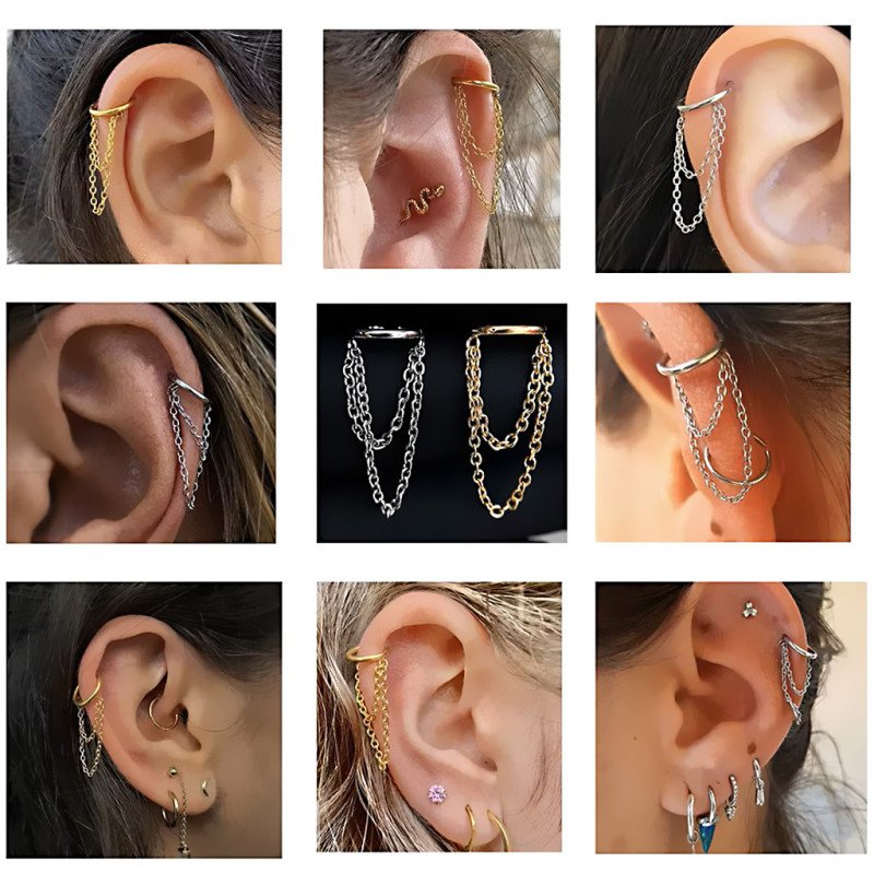 Piercing de Orelha Hélix - Argola duas Correntes Dangle 100% Aço Cirúrgico - 6ORE725