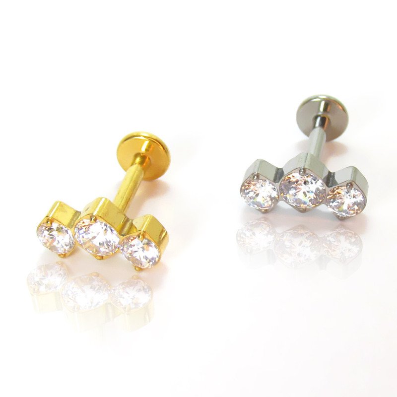 Piercing Labret Cluster 3 Zircônias em Aço Cirúrgico - Pin Push - 6ORE1010