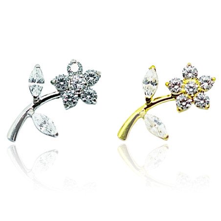 Piercing de Orelha - Flor com Caule com Zircônias - Dourado - 6ORE944