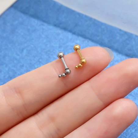 Mini Piercing de Orelha - 3 Bolinhas Decrescentes - Aço Cirúrgico - 6ORE1024