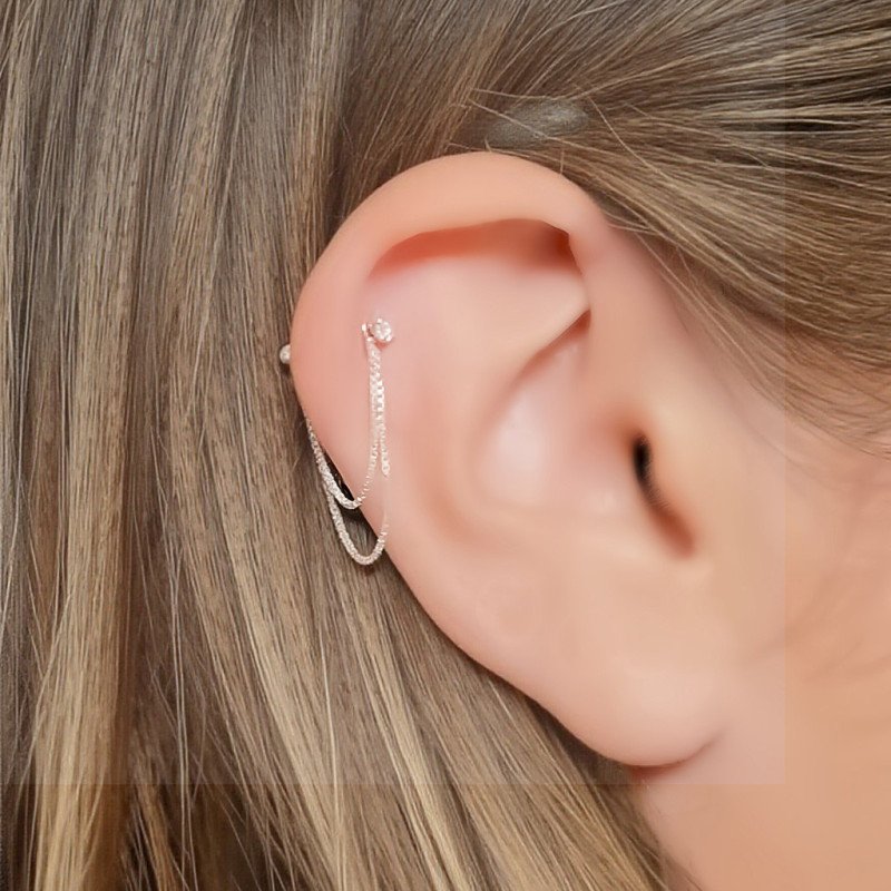 Piercing de Orelha Helix - Correntes de Prata com Pingente em Zircônia - 6ORE1026