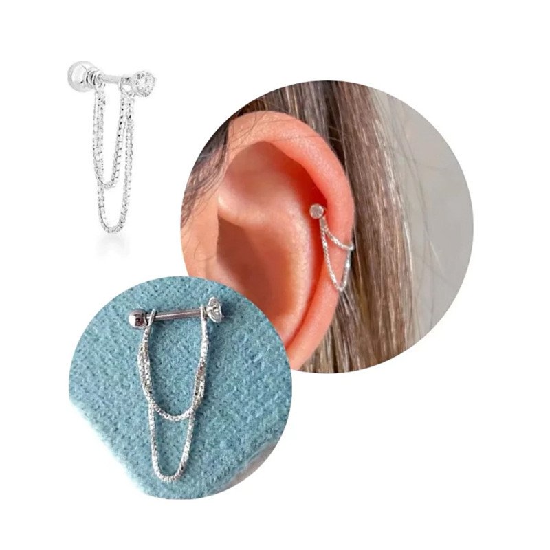 Piercing de Orelha Helix - Correntes de Prata com Pingente em Zircônia - 6ORE1026