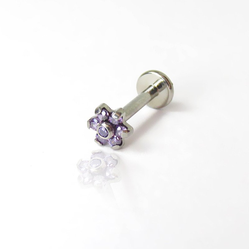 Piercing de Orelha Labret - Flor com Zircônias Roxas - Titânio - 7TRG268
