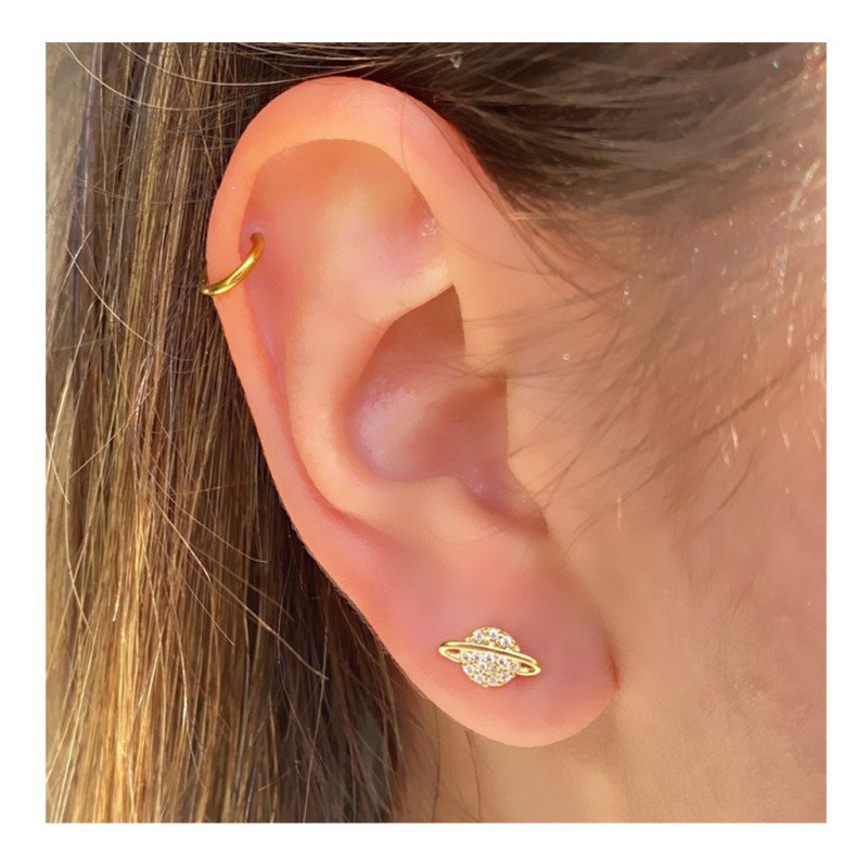 Piercing de Orelha - Labret Saturno em Aço Cirúrgico com Zircônias - Rosca Interna - 6ORE1029