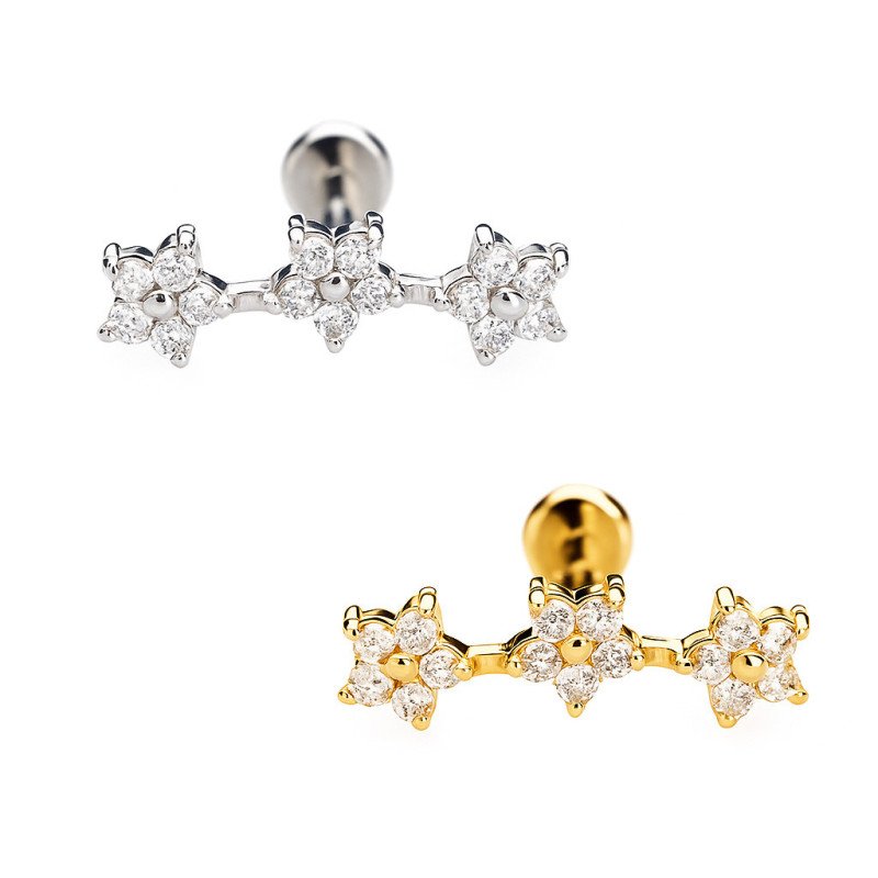 Piercing de Orelha - Labret Cluster em Aço Cirúrgico com Trio de Flores - Rosca Interna - 6ORE1030