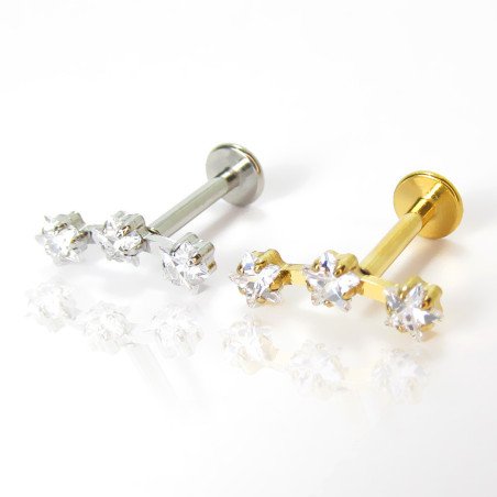 Piercing de Orelha - Labret Cluster Trio de Estrelas em Zircônias - Rosca Interna - 6ORE1034