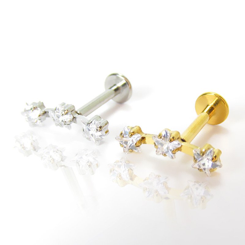 Piercing de Orelha - Labret Cluster Trio de Estrelas em Zircônias - Rosca Interna - 6ORE1034