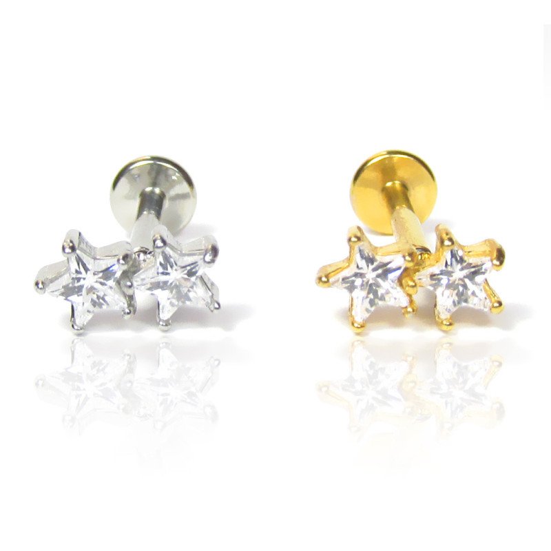 Piercing de Orelha -Labret Duas Estrelas com Zircônias - Rosca Interna - 6ORE1035