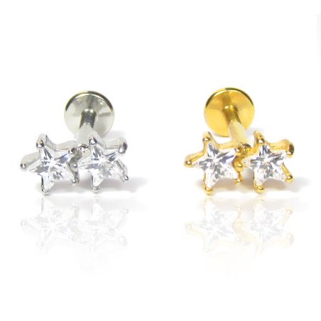 Piercing de Orelha -Labret Duas Estrelas com Zircônias - Rosca Interna - 6ORE1035