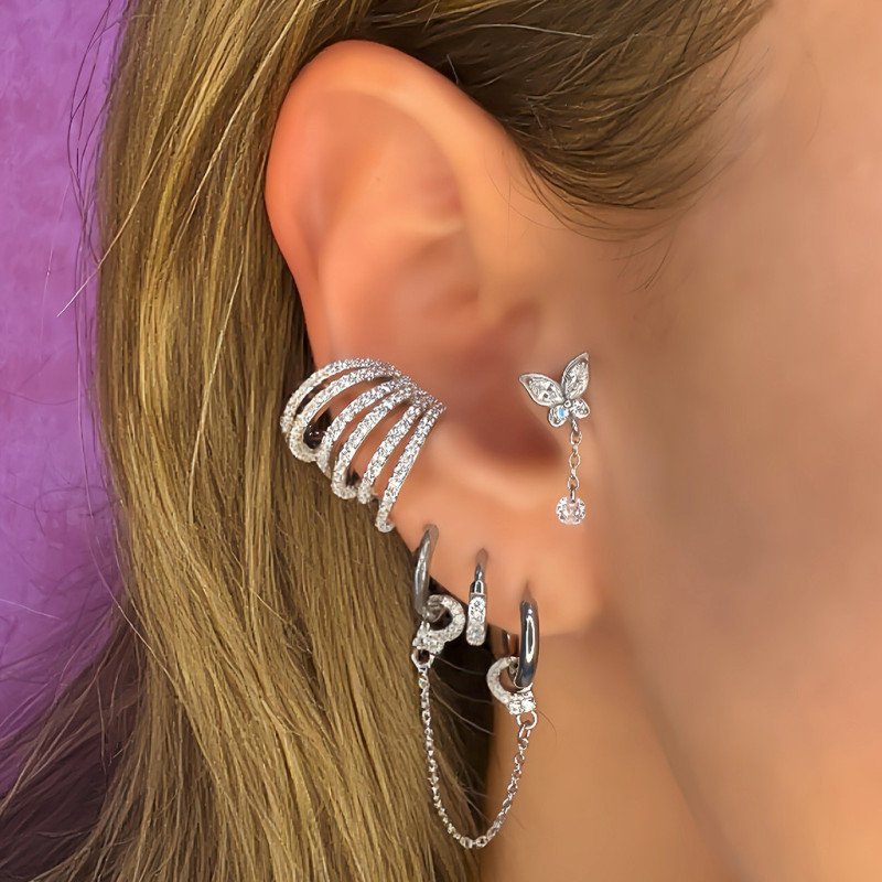 Piercing de Orelha - Labret Borboleta com Pendente - Aço Cirúrgico - 6ORE1037