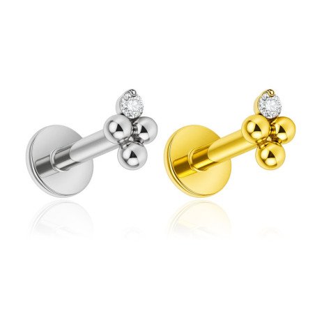 Piercing de Orelha em Titânio - Beaded Triplo com uma Zircônia - Pin Push - 7TRG272