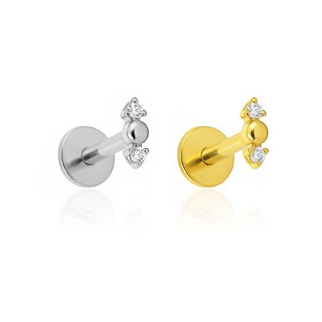 Piercing de Orelha em Titânio - Barra com duas Zircônias e uma Bolinha - Pin Push - 7TRG273