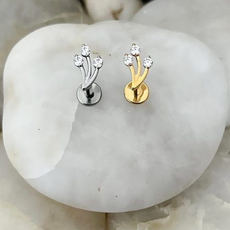 Piercing de Orelha - Labret Flor de Marquise com 3 Gemas - Rosca Interna - 6ORE1057