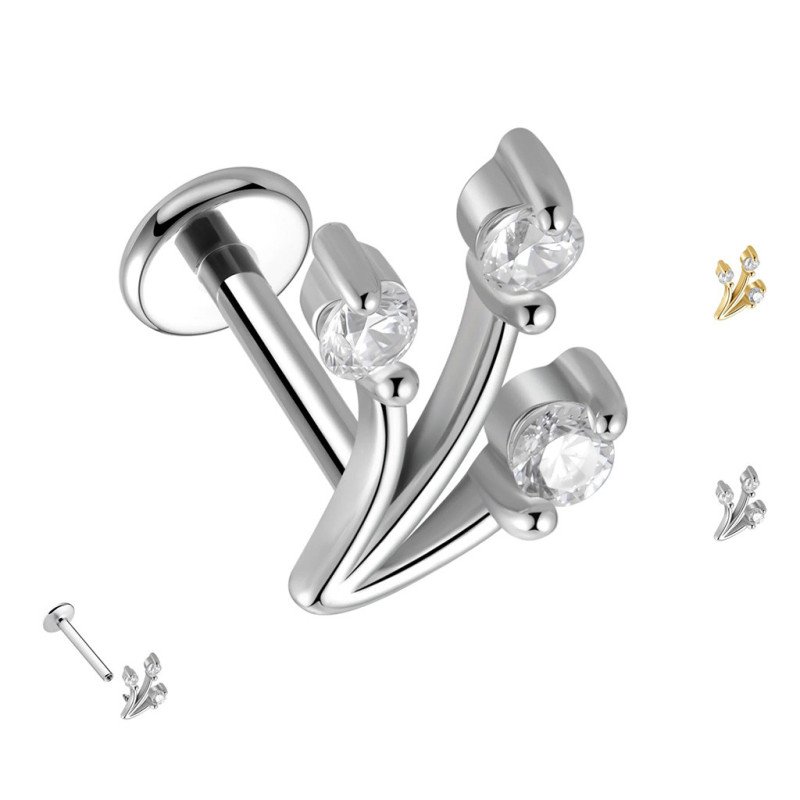 Piercing de Orelha - Labret Flor de Marquise com 3 Gemas - Rosca Interna - 6ORE1057