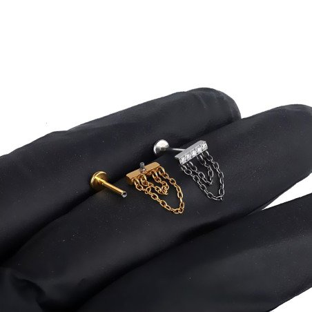 Piercing de Orelha -  Labret com Barra de Zircônias e Correntes Duplas - 6ORE1059