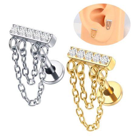 Piercing de Orelha -  Labret com Barra de Zircônias e Correntes Duplas - 6ORE1059