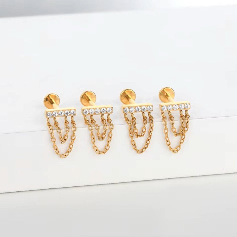 Piercing de Orelha -  Labret com Barra de Zircônias e Correntes Duplas - 6ORE1059