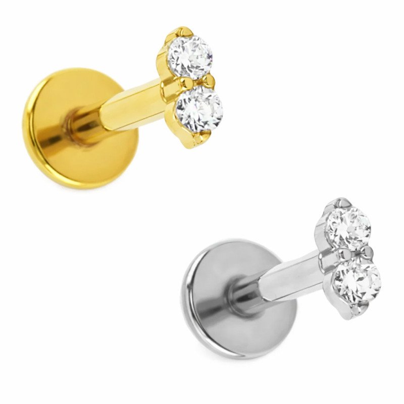 Piercing de Orelha - Labret Classic Duas Zircônias - Titânio - 7TRG257