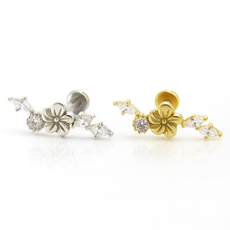 Piercing de Orelha - Cluster Flor Lisa com Zircônias  Navete - 6ORE1061