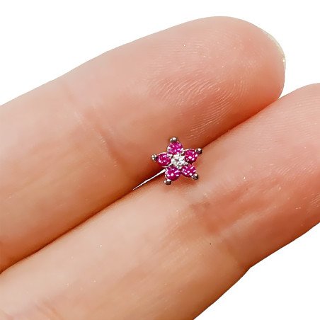 Piercing de Orelha em Aço Cirúrgico - Florzinha Zircônias Rosas - 6ORE682